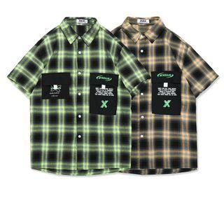 Short-sleeve Lettering Print Plaid Cargo Shirt