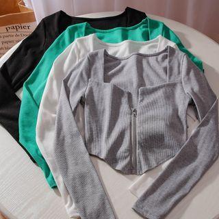Square-neck Zip-up Knit Top
