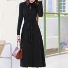 Long-sleeve Keyhole Front Tie-waist Maxi A-line Dress