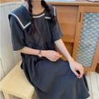 Sailor-collar Short-sleeve Dress Dark Gray - One Size