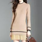 Pleated Hem Contrast Trim Long Sleeve Knit Dress