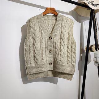 Cable-knit Button-up Sweater Vest Khaki - One Size