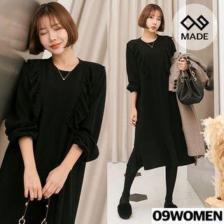Elasticized-sleeve Flounced Long Dress
