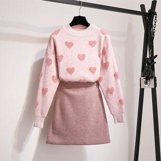Set: Heart Pattern Sweater + A-line Skirt