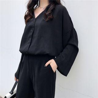 Plain V-neck Loose-fit Long-sleeve Blouse