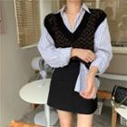 Knit Vest / Striped Shirt / Mini Skirt