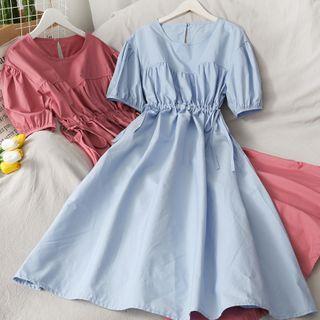 Drawstring-waist Plain A-line Dress