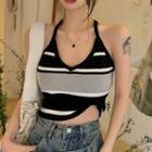 Halter Color Block Knit Cropped Camisole Top Black & Gray & White - One Size