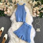 Set: Halter-neck Knit Top + High-waist Wide-leg Shorts
