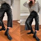 Smock-waist Faux Leather Wide-leg Pants Black - One Size