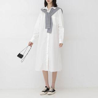 Set: Long-sleeve A-line Shirtdress + Striped Shawl