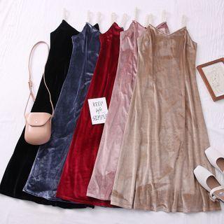Velvet Pearl-strap Sleeveless Midi Dress