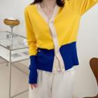 V-neck Color Block Single-breasted Cardigan Yellow - One Size