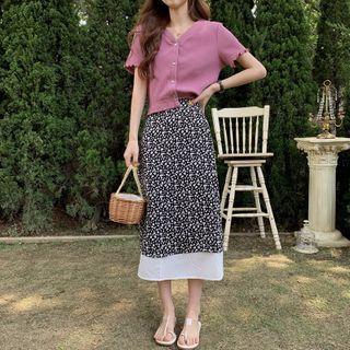 Short-sleeve Knit Cardigan / Floral Spaghetti-strap Dress