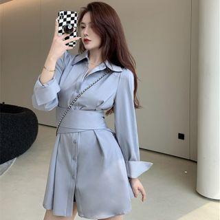 Plain Button-up Drawstring A-line Mini Shirtdress