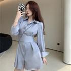 Plain Button-up Drawstring A-line Mini Shirtdress
