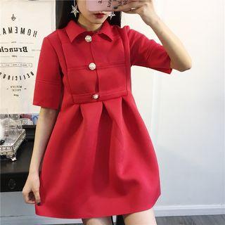 Faux Pearl Button Short-sleeve A-line Dress
