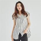 Pocket-front Sleeveless Linen Shirt Stripe - One Size