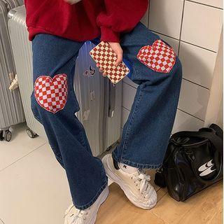 Checker Print Heart Embroidered Wide Leg Jeans