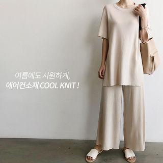 Set: Short-sleeve Knit Top + Drawcord Wide-leg Pants