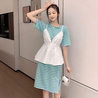 Set: Striped Short-sleeve T-shirt Dress + Strappy Top
