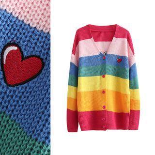 Heart Embroidered Striped Cardigan H519 - Red & Pink & Blue - One Size
