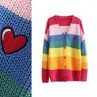Heart Embroidered Striped Cardigan H519 - Red & Pink & Blue - One Size