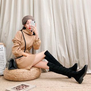 Turtleneck Belted Rib-knit Minidress