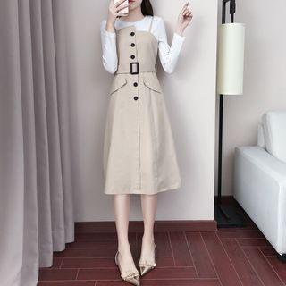 Set: Crew-neck Long-sleeve T-shirt + Button Detail Tie Waist Spaghetti Strap Dress