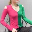 Cold Shoulder Color Block Long-sleeve T-shirt