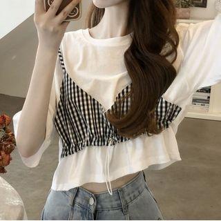 Mock Two-piece Short-sleeve Gingham Drawstring Crop T-shirt