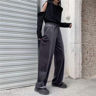 Drawstring Waist Velvet Straight-cut Pants