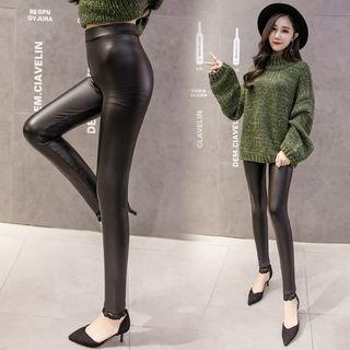 Faux-leather Fleece-lined Plain Leggings
