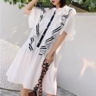 Elbow-sleeve Striped Trim Ruffled Buttoned Dress