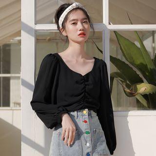 V-neck Puff-sleeve Blouse Black - One Size