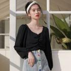 V-neck Puff-sleeve Blouse Black - One Size
