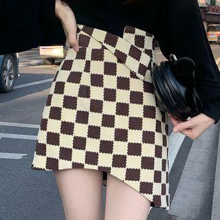 High-waist Asymmetrical Checkerboard Mini Skirt