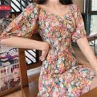 Spaghetti Strap / Short-sleeve Floral Print Dress