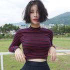 Long-sleeve Striped Crop T-shirt As Shown In Figure - One Size