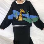 Cartoon Embroidered Sweater / Long-sleeve Plain T-shirt / Split Hem Skirt