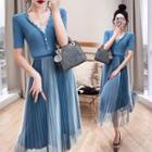 Set: Short-sleeve V-neck Knit Top + Accordion Pleat Mesh Midi A-line Skirt
