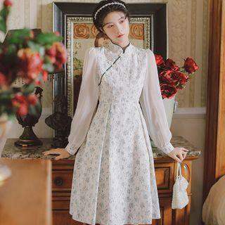 Long-sleeve Frog Button Floral A-line Dress