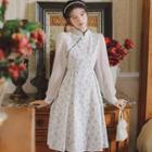 Long-sleeve Frog Button Floral A-line Dress