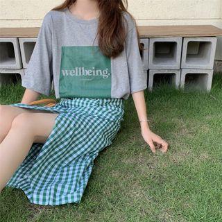 Set : Lettering Tee Top High-waist A-line Skirt 2-piece