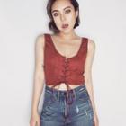 Lace-up Cropped Faux Suede Tank Top