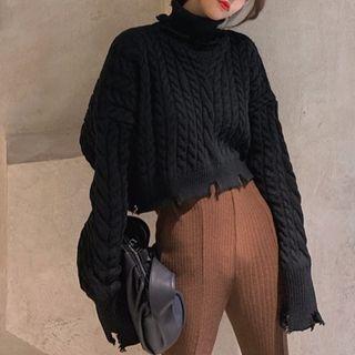 Distressed Cable Knit Sweater / Boot-cut Pants