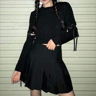 Long-sleeve Lace Up T-shirt Black - One Size