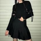 Long-sleeve Lace Up T-shirt Black - One Size