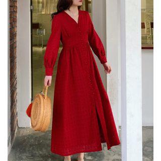 Eyelet Lace Long-sleeve Midi Shift Dress