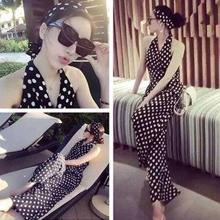 Polka Dot Halter V-neck Jumpsuit